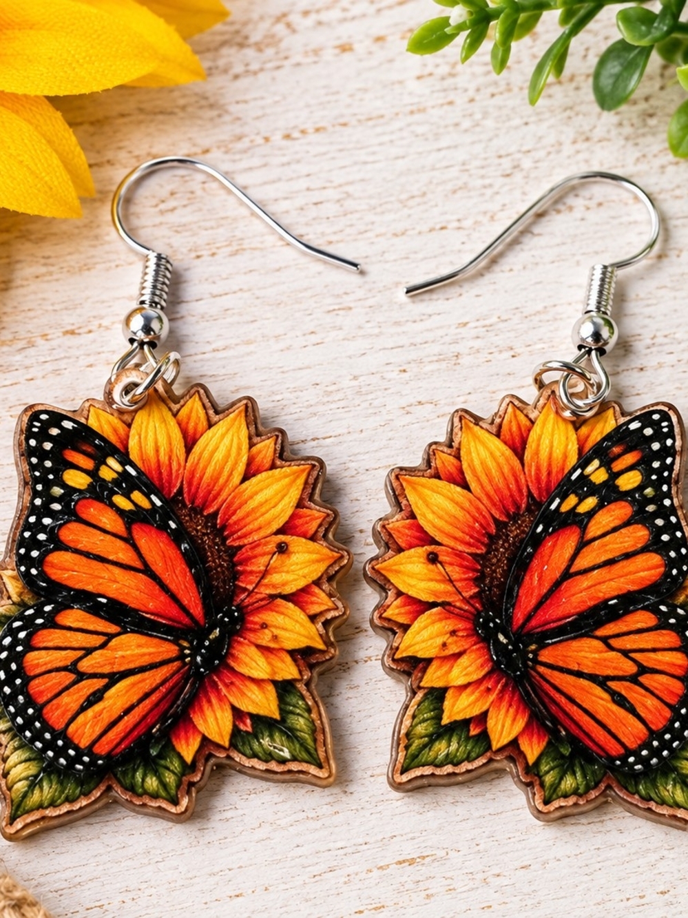 Sunflower & Monarch Butterfly Dangle Earrings - Orange Floral Jewelry